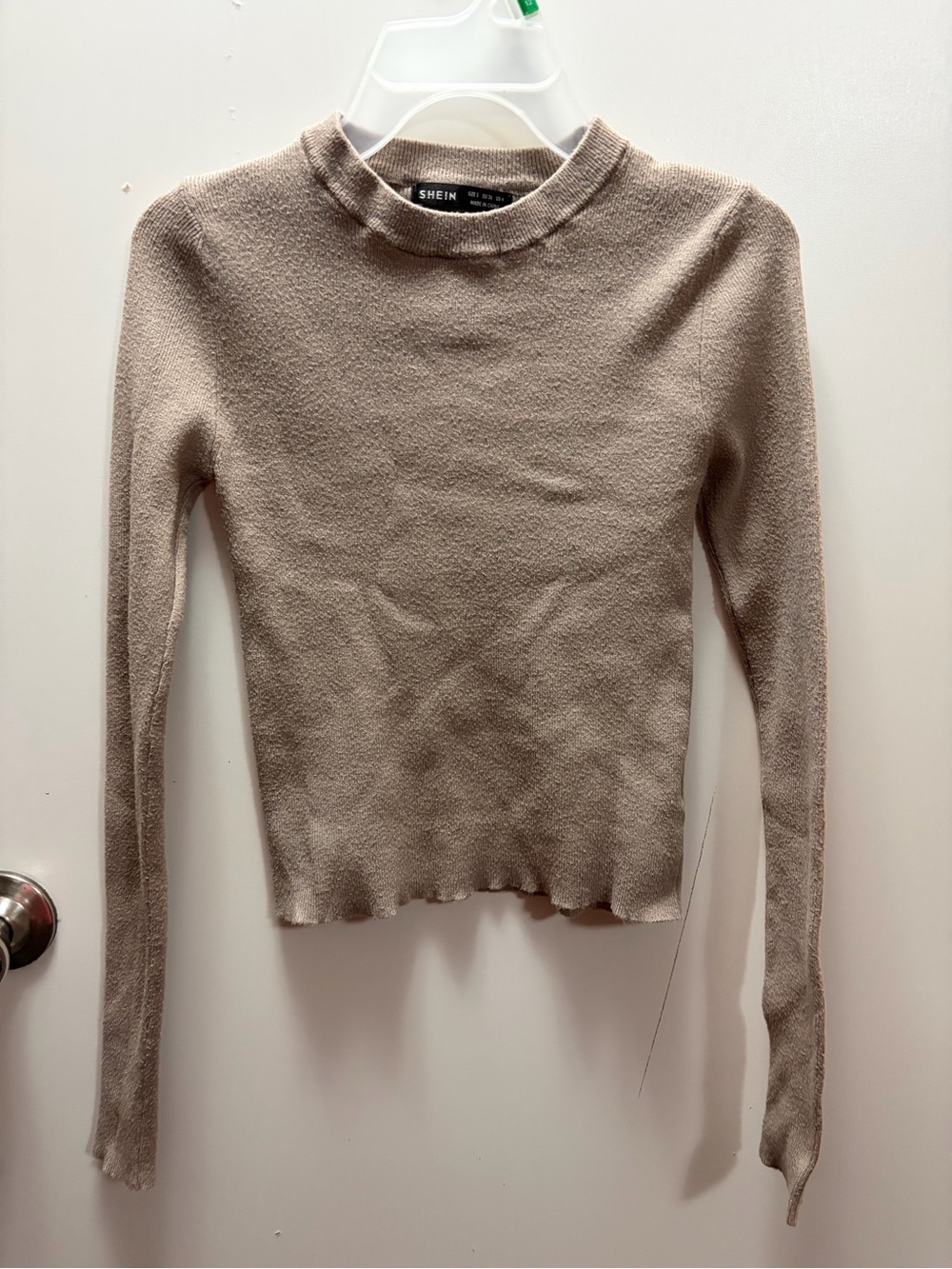 SHEIN Taupe Ribbed Lettuce-Hem Long Sleeve Top